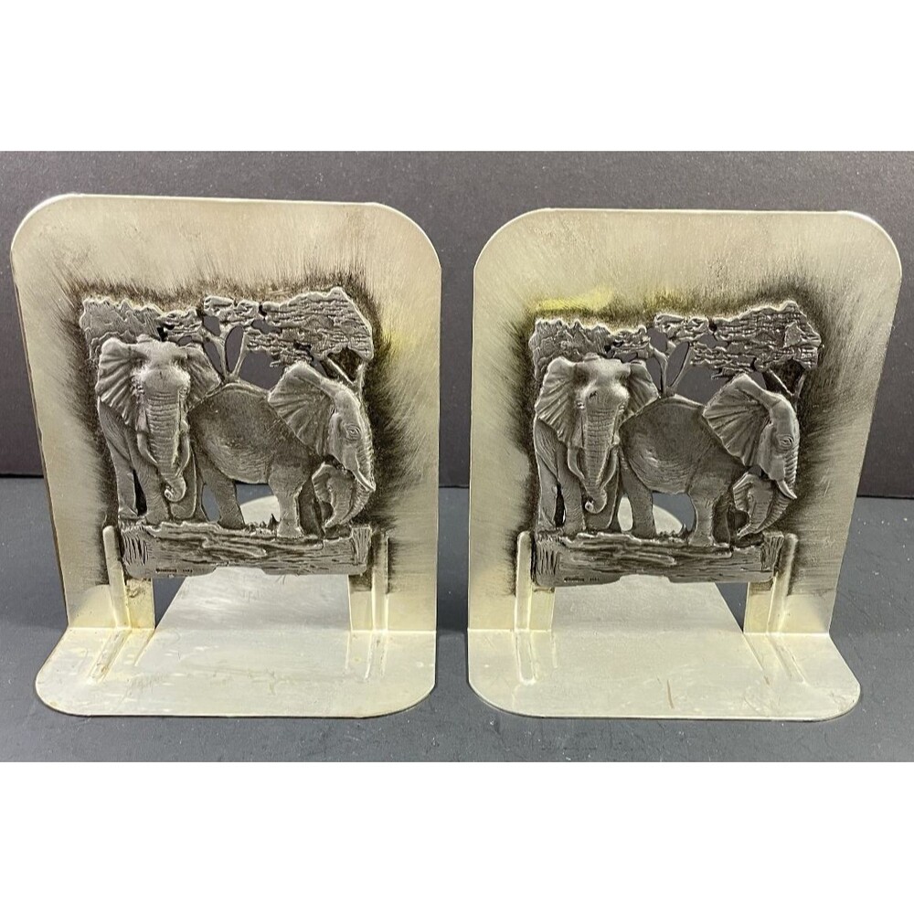 Elephant Bookends Set Africa Safari Metzke Pewter Metal 3D Vintage USA